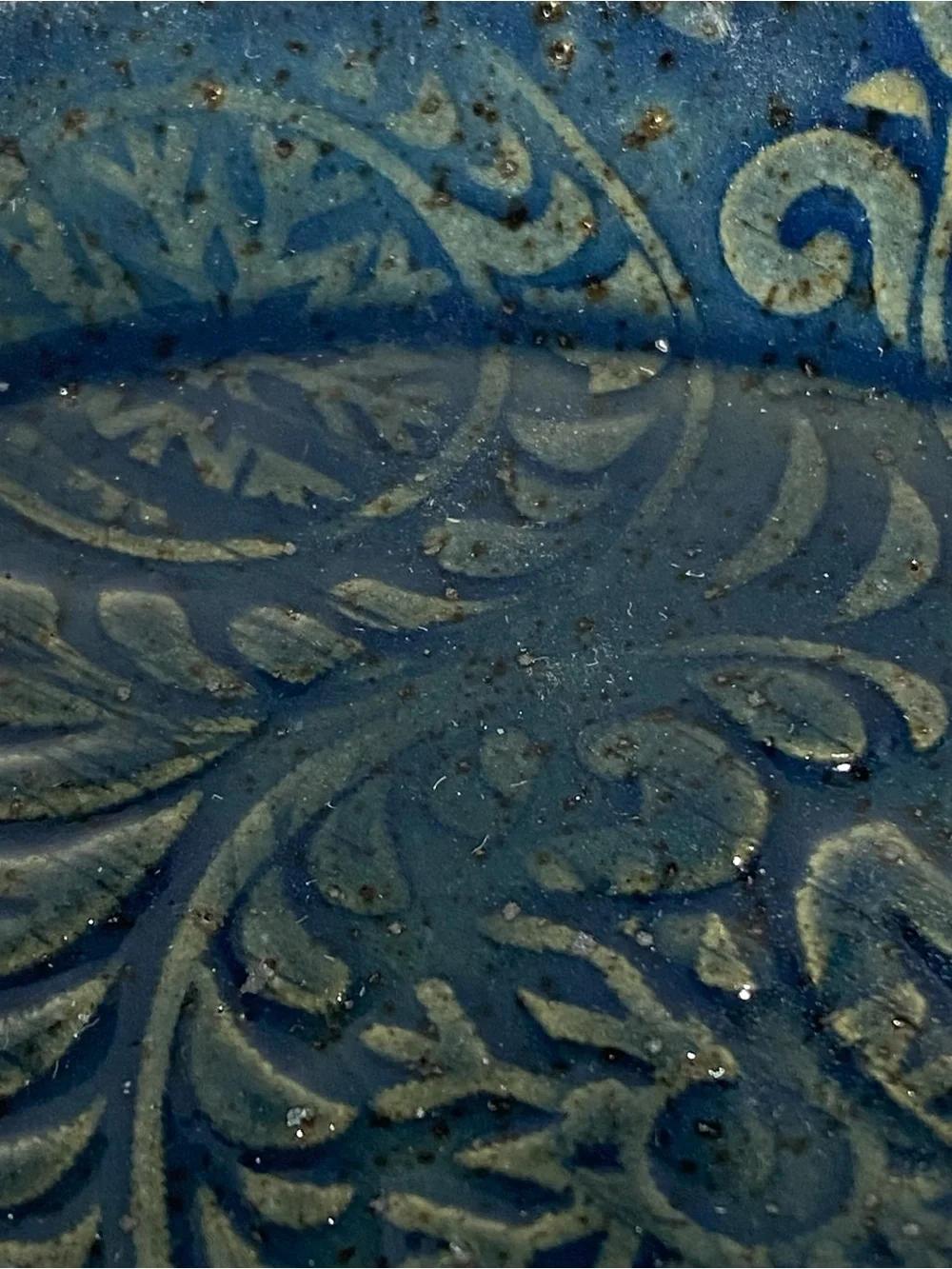 Handmade Pottery Trinket Dish Set of 2 Blue Floral Carved Ring Jewelry Small